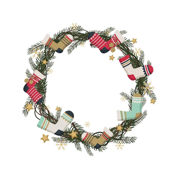 Round Christmas wreath of fir branches with socks stars and snowflake