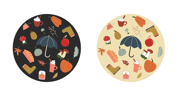 明るい背景と暗い背景に手描きの秋の要素のコレクションを持つ丸い円形状