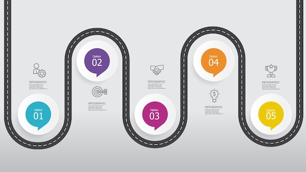 Cerchio rotondo passaggi linea temporale elemento infografico rapporto sfondo con icona di linea di business 5 passaggi