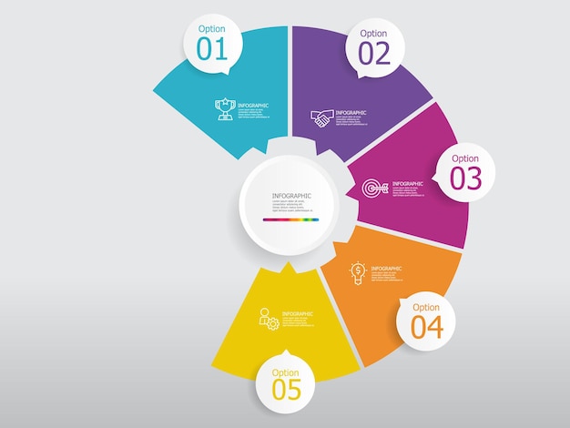 Round circle timeline infographic element report background with business line icon 5 steps