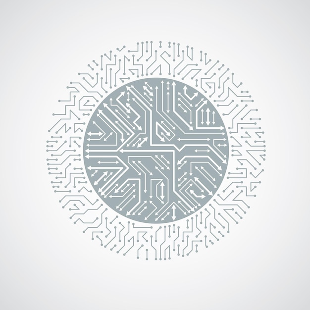 Circuito stampato rotondo con componenti elettronici del dispositivo tecnologico. astrazione vettoriale monocromatica cibernetica della scheda madre del computer con frecce multidirezionali.