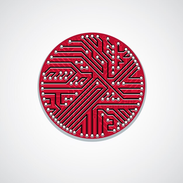 Round circuit board with electronic components of technology device. Computer motherboard cybernetic vector abstraction.