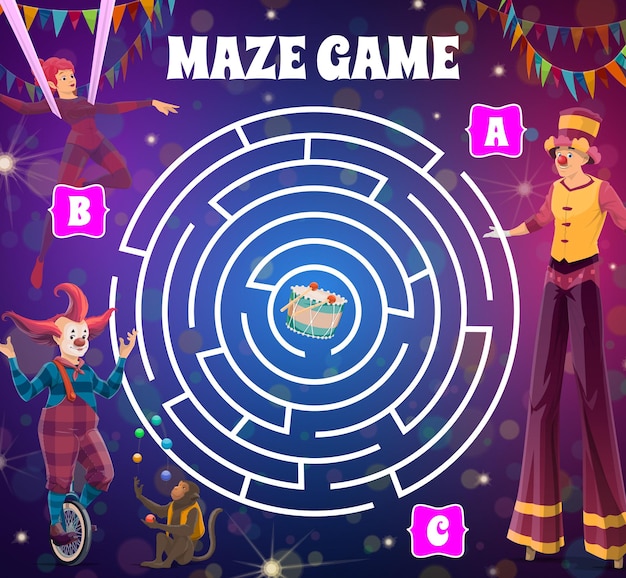 Round circus labyrinth maze game with clowns.