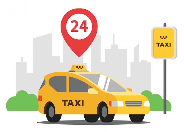 24時間営業のタクシーが街の背景に駐車しています。ベクトル図