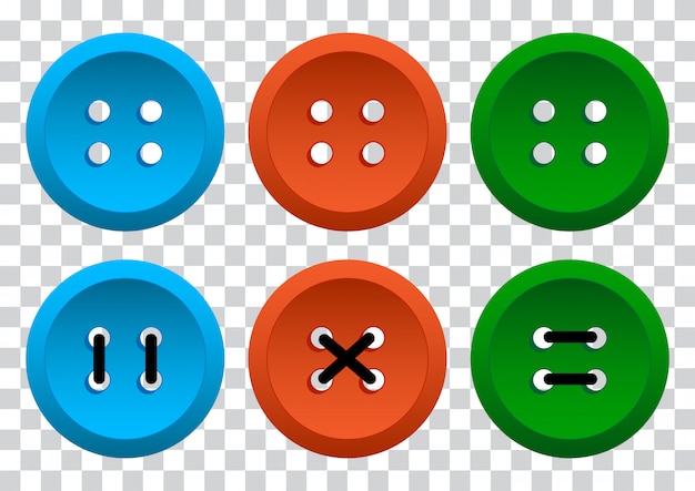 Round clothing buttons with thread on transparent background.