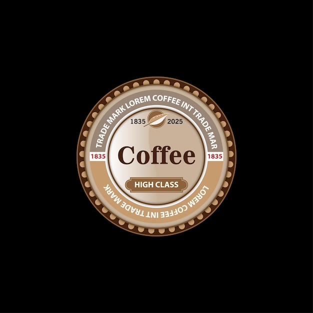 Round coffee label layout design vector on dark black background