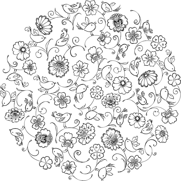Vector round composition from decorative drawn flowers and birds
