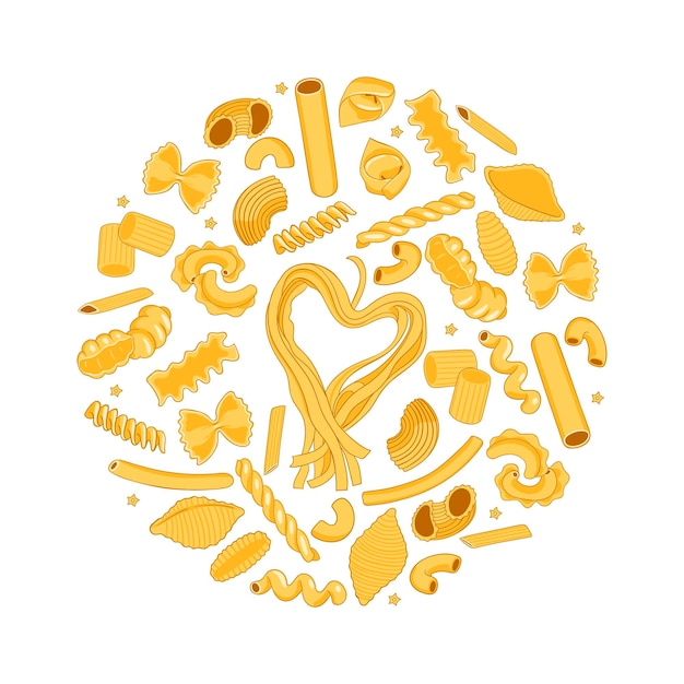 Vector round composition of pasta of different shapes isolate on a white background