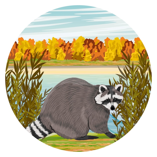 Vector round composition the raccoon sits on the shore of the lake in autumn