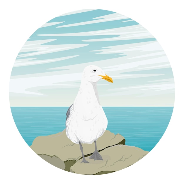 round composition sea gull stands on a stone against the background of the sea realistic vector