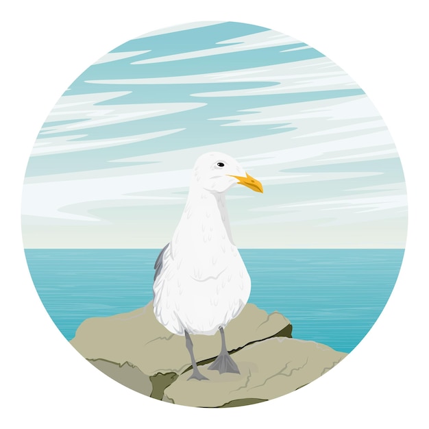 Vector round composition sea gull stands on a stone against the background of the sea realistic vector