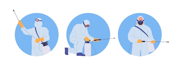 Вектор Круглый набор композиций с работником службы борьбы с вредителями в униформе, дезинфицирующей чистящими средствами