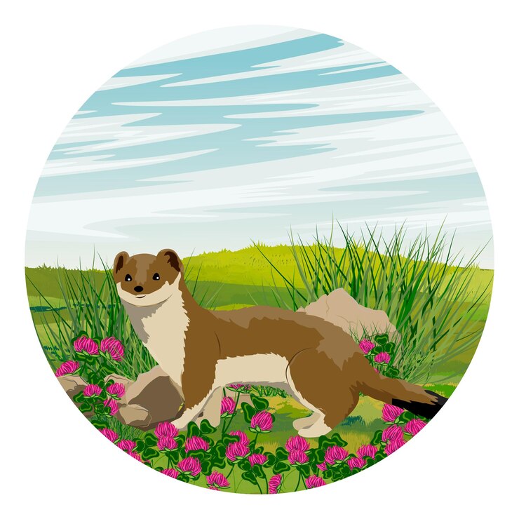 Vector round composition. summer brown ermine in a clearing with blooming clover