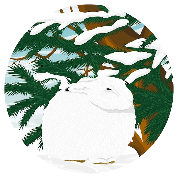 round composition White Fluffy Polar Hare are sitting in the snow under a spruce tree New Year 202