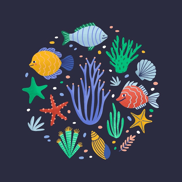 Vector round composition with happy marine animals or funny underwater creatures living in sea