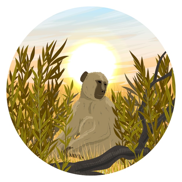 Round composition Yellow baboon in thickets of tall dry grass Monkeys of the African savanna