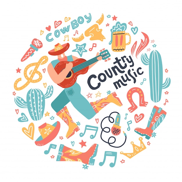 Round concept with misician cowboy and country music elements