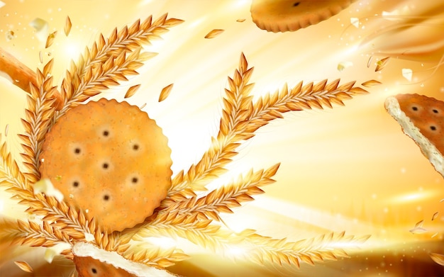 Vector round cracker and wheat background illustration