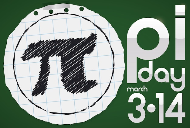 Vector round cut out notebook paper with a pi symbol drawing inside and reminder date to celebrate pi day