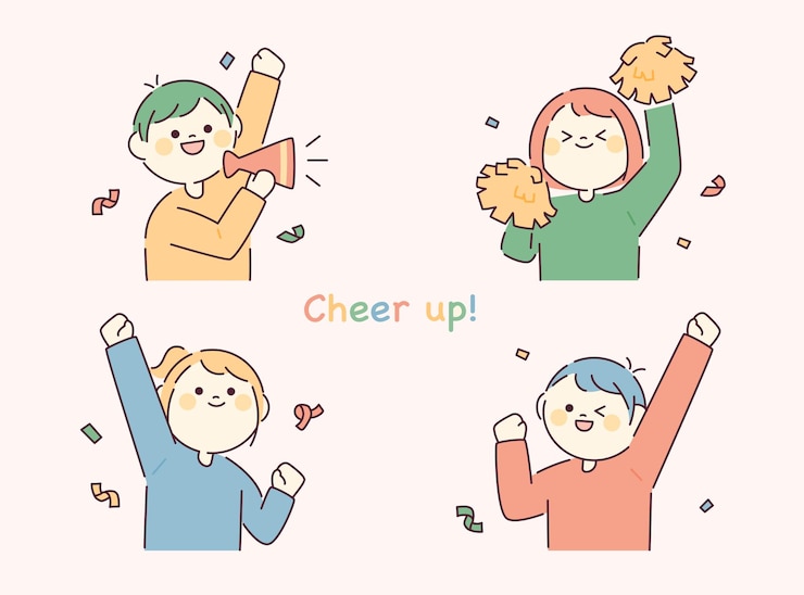 Vector 丸くてかわいい顔のキャラクター人々は応援ツールと応援を持っています