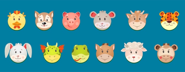 Round cute faces of chinese horoscope animals in cartoon style