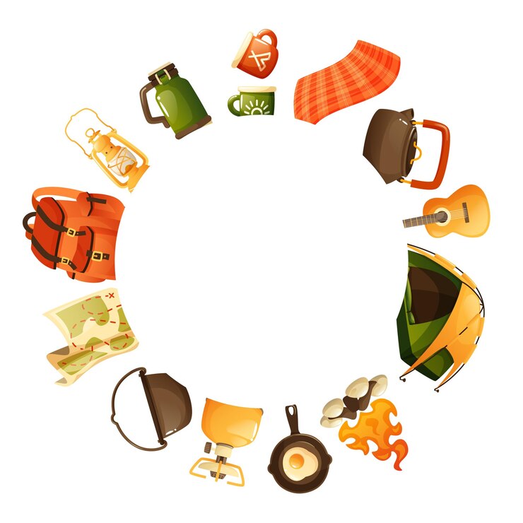 Vector round decorative frame template made from travel equipment round template with symbols of tourism summer camping expedition design for travel invitation card poster cover greeting banner