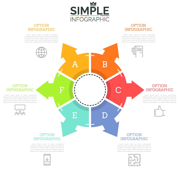 Round diagram diagram divided into six lettered parts with arrows pointing at thin line icons and text boxes. six steps of productions cycle concept.