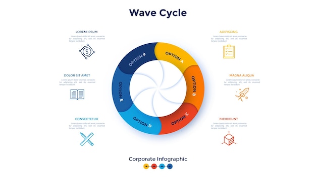 Vector round diagram divided into 6 colorful wavy parts