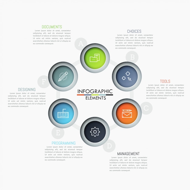 Round diagram with 6 lettered circular elements, thin line icons and text boxes