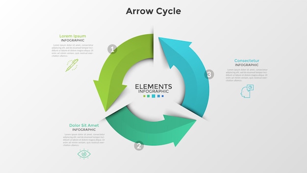Diagramma rotondo con tre frecce colorate, simboli di linea sottile e caselle di testo. concetto di processo aziendale ciclico in 3 fasi. modello di progettazione infografica realistico. illustrazione di vettore per la presentazione.