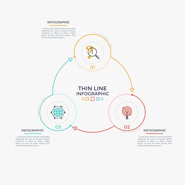 Schema rotondo con tre elementi circolari colorati, numeri e simboli di linee sottili collegati da frecce. visualizzazione ciclica dei processi aziendali. modello di progettazione infografica pulito. illustrazione vettoriale