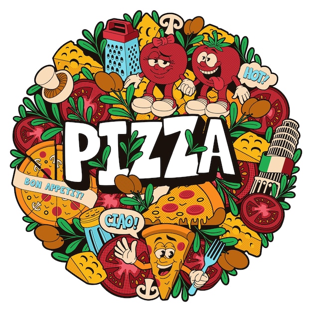 Vector a round doodle pattern for a pizzeria theme