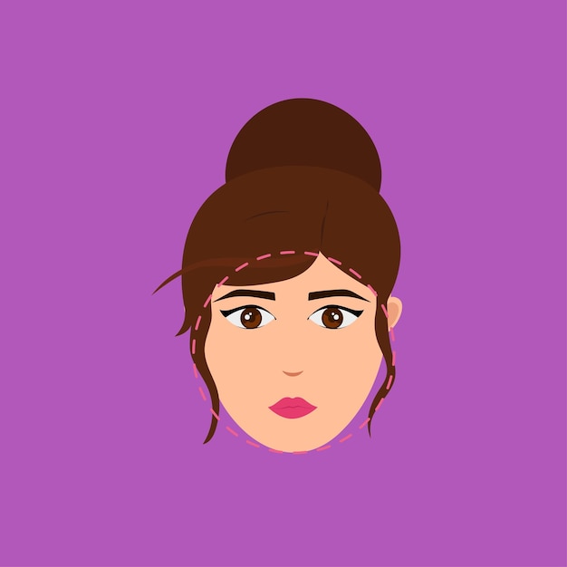 Vector round face beautiful girl with bun hair icon against magenta background