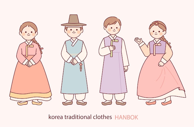丸い顔とかわいいキャラクター。彼女は美しい韓国の韓服を着ています。