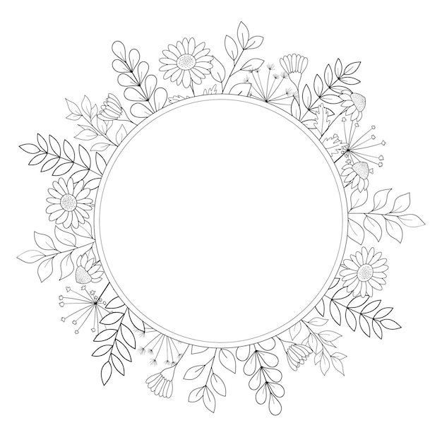 Round floral frame with flowers and twigs coloring