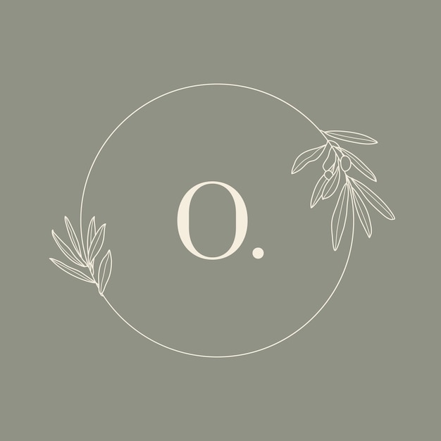 현대적인 최소 라이너 스타일의 올리브 가지가 있는 편지 O. 웨딩 모노그램 및 로고가 있는 둥근 꽃 프레임. 초대 카드용 벡터 템플릿, 날짜를 저장합니다. 식물 그림