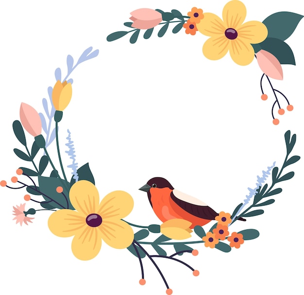 Vector round flower frame with bird