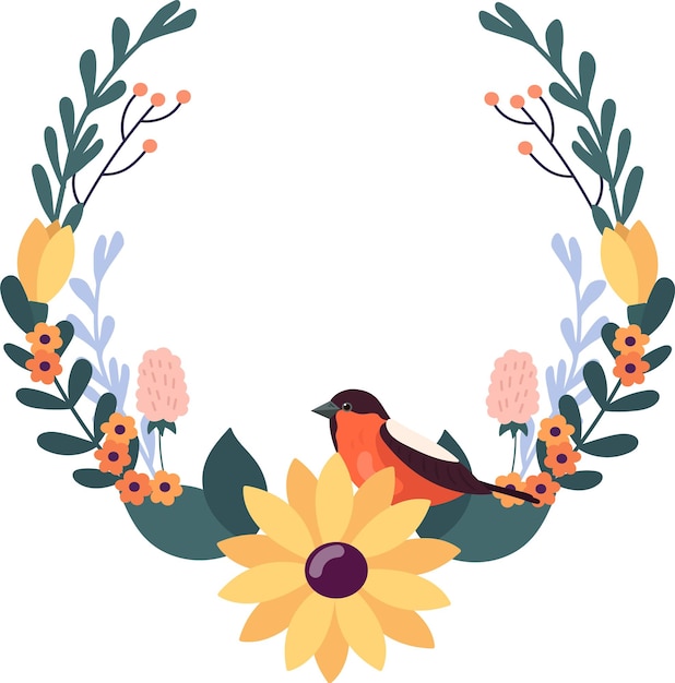 Vector round flower frame with bird