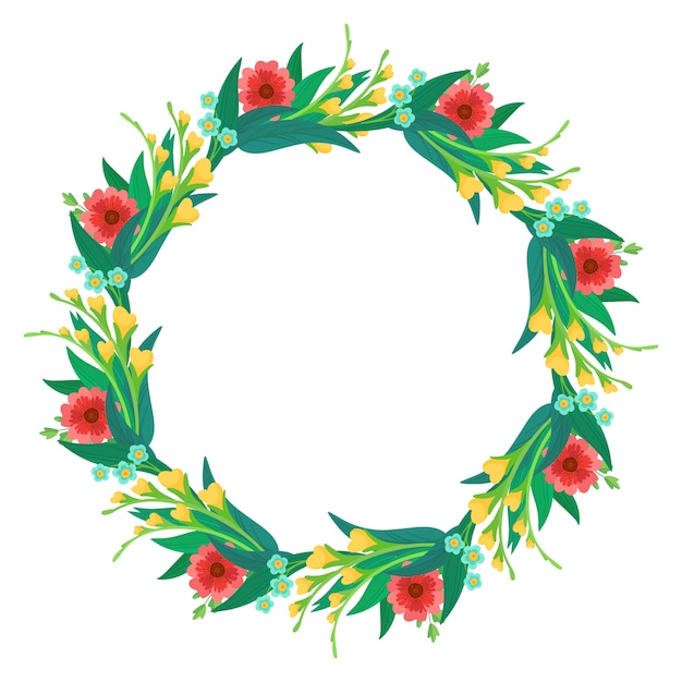 Round flower wreath with bright flowers and leaves