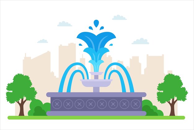 Round Fountain In The Park With Clear Water. Flat Vector Illustration.