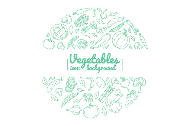 Круглый фон свежих овощей из органических ферм. Иллюстрация, нарисованная вручную для карты фона