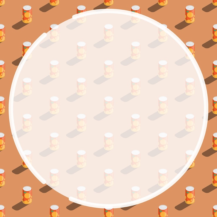 Vector round frame on background of seamless pattern with isometric aluminum can with orange drink
