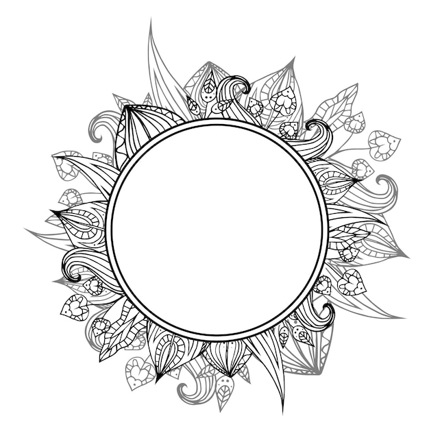 Round frame of black and white doodle leaves with zentangle pattern Vector element for your design