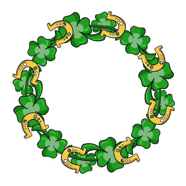 Round frame bright green leaves fourleaf clover golden horseshoe copy space vector cartoon