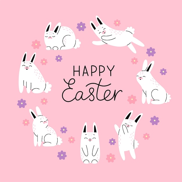 Round frame of cute Easter white bunnies with lettering Happy easter Farm animals forest animals