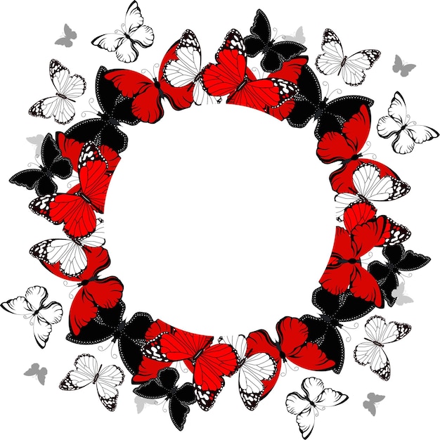 Vector round frame of elegant flying red black and white butterflies wedding invitation