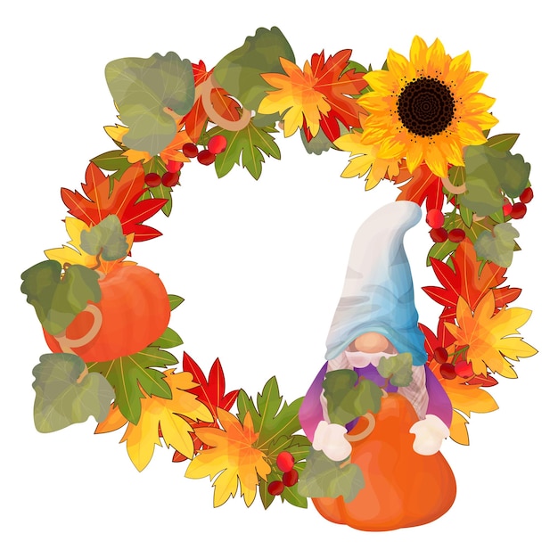 Round frame of fall leaves and pumpkin for invitations and greeting cards Autumn gnome with pumpkin