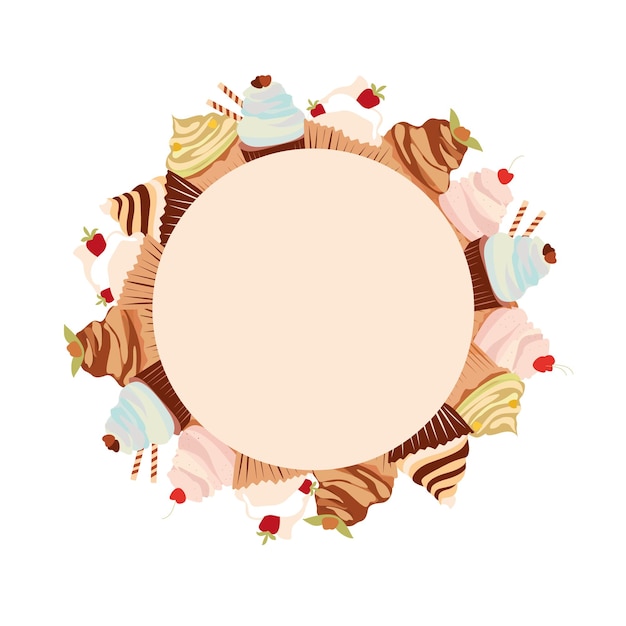カップケーキの丸いフレーム テキストや会社名の場所を持つベクトルイラストレーション パン屋のロゴのデザイン