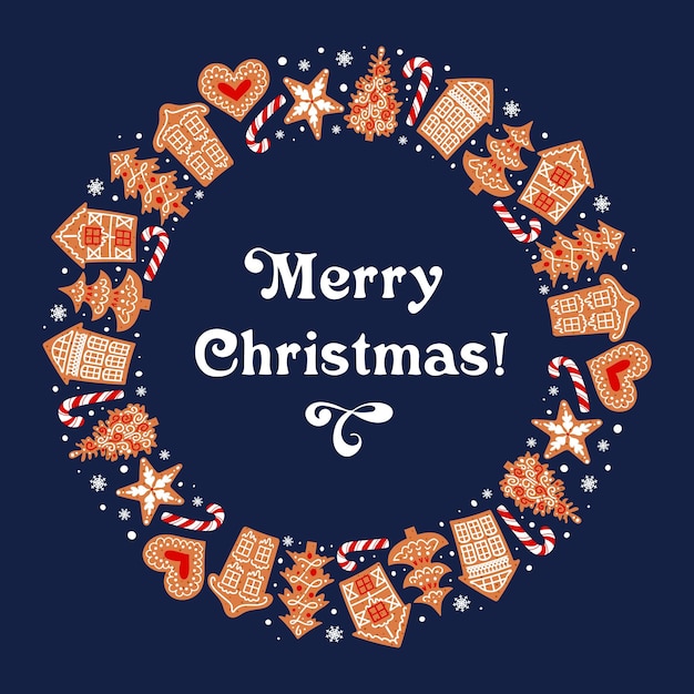 アイシング クリスマス パターンで飾られたジンジャーブレッドのラウンド フレーム 伝統的なクッキー 家の雪片と心 ビンテージ フォント ポスター カード バナー デザイン要素ファブリック