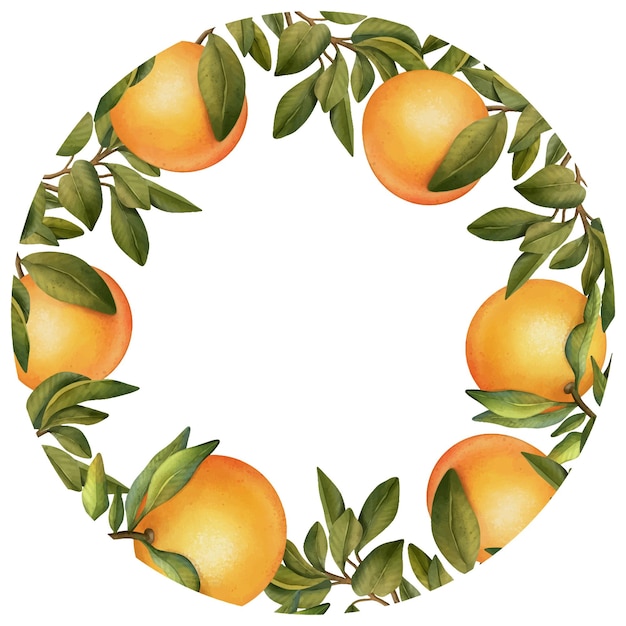 Круглая рамка из нарисованных вручную акварельных цветущих ветвей апельсинового дерева и апельсинов